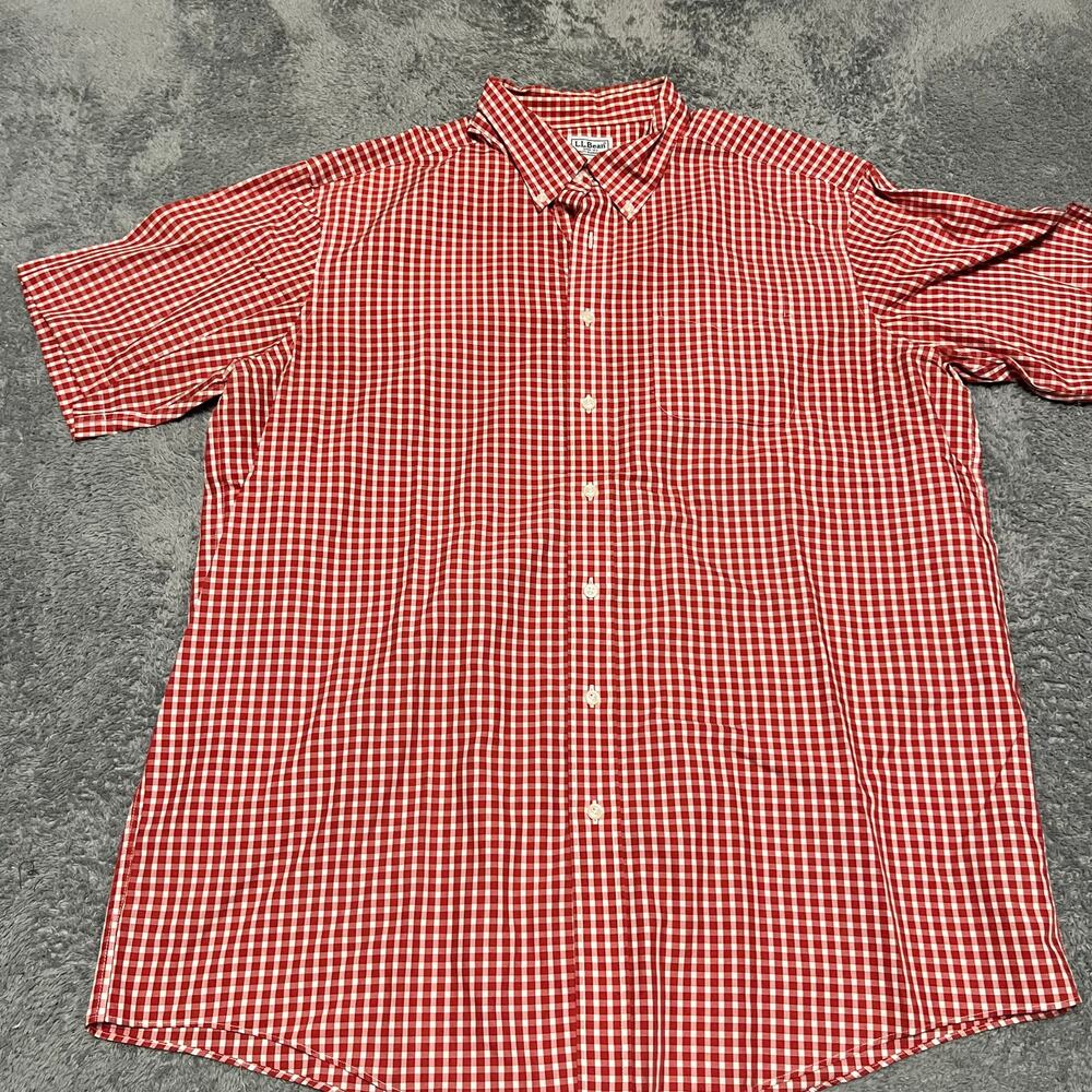 LL Bean Shirt Mens XL Tall Check Plaid Short Sleeve Button Red
